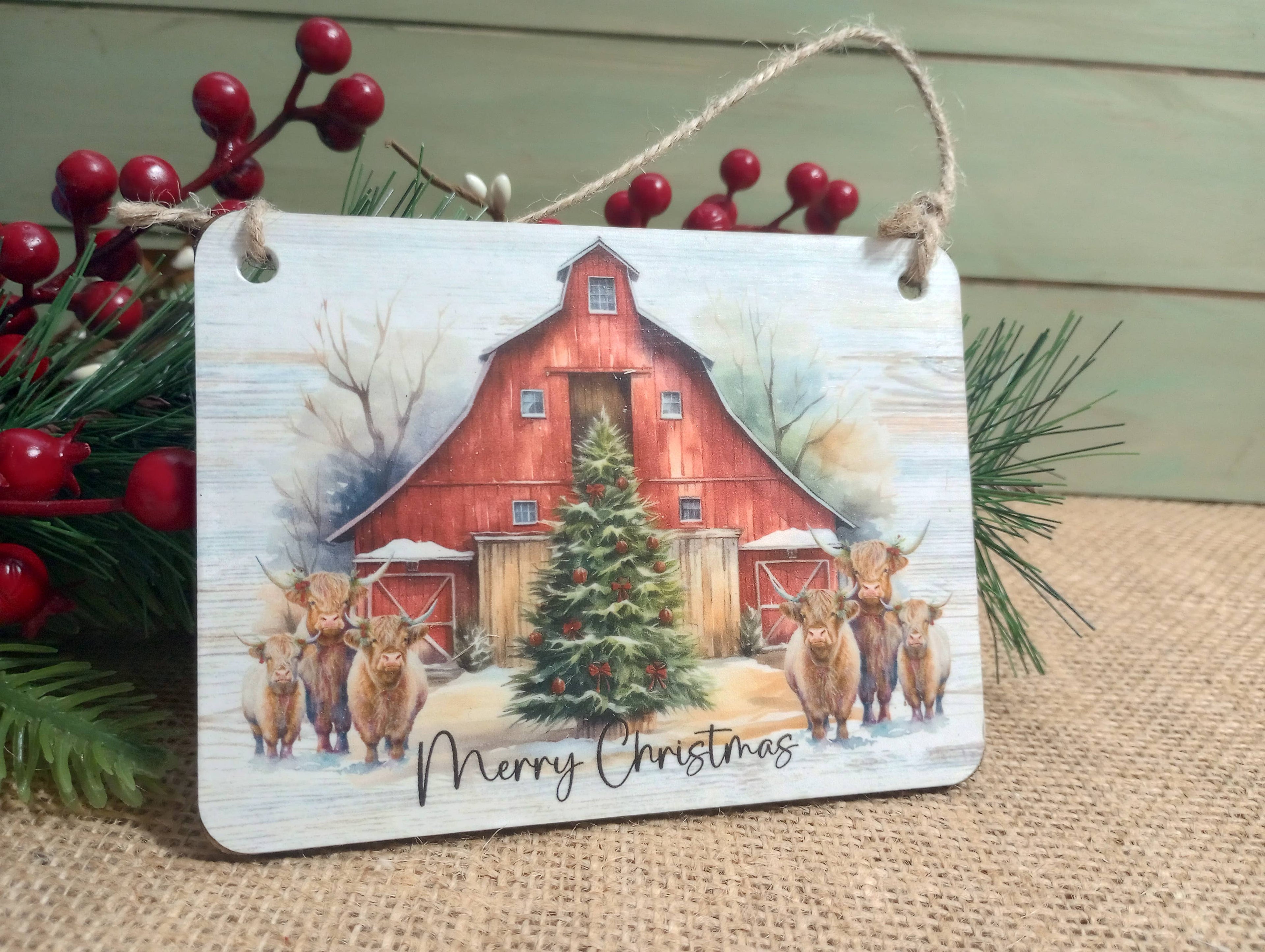 Highland Cow Christmas Ornament - Red Barn