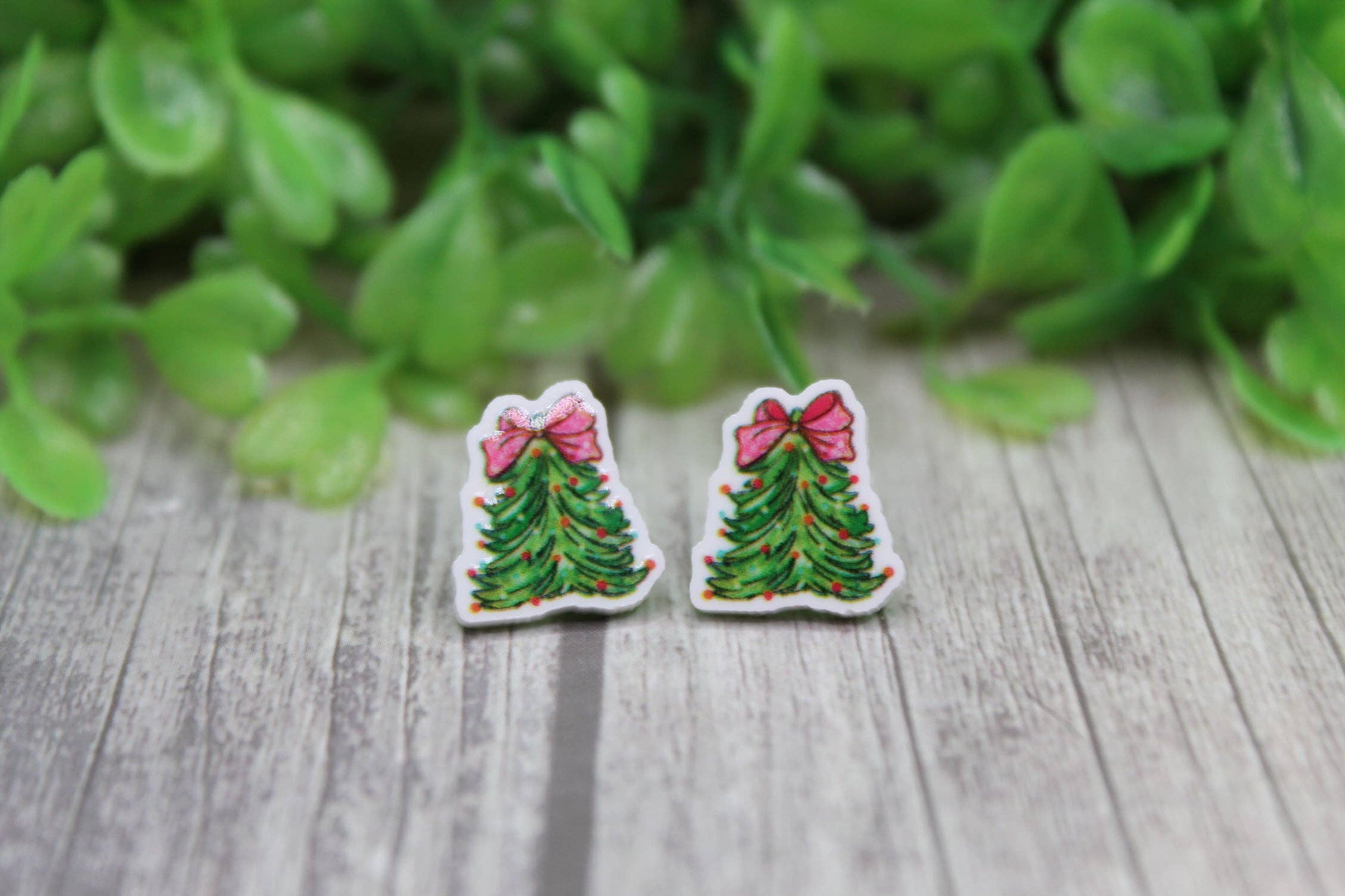 Christmas Tree with Pink Bow Stud Earrings