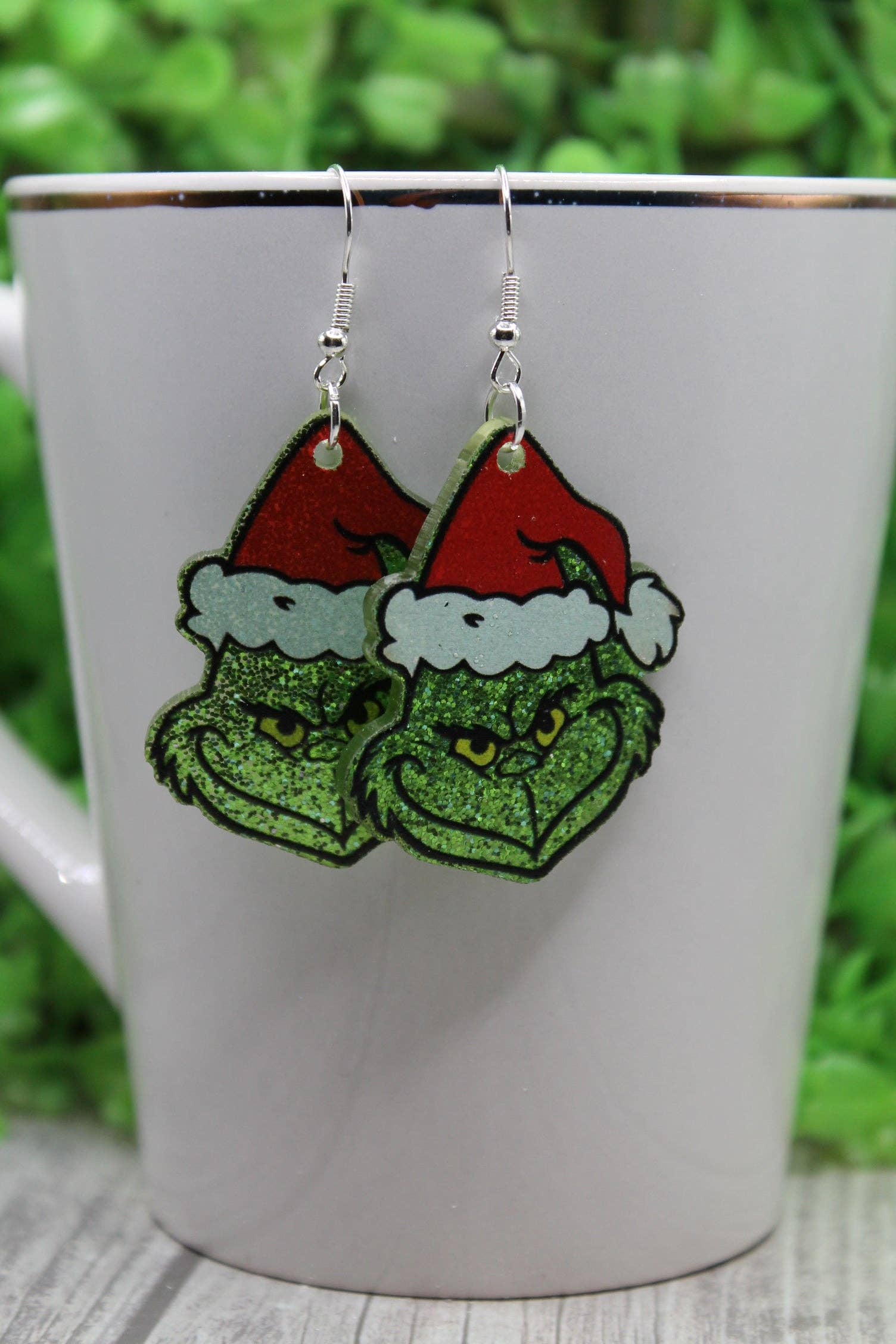 Green Glitter Santa Hat Grinch Dangle Earrings
