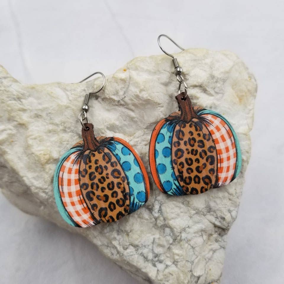 Wooden Leopard Pumpkin Fall Earrings