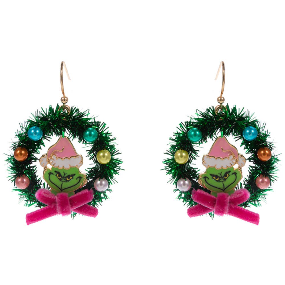 Holiday Grinch Green Monster Wreath Dangle Earrings