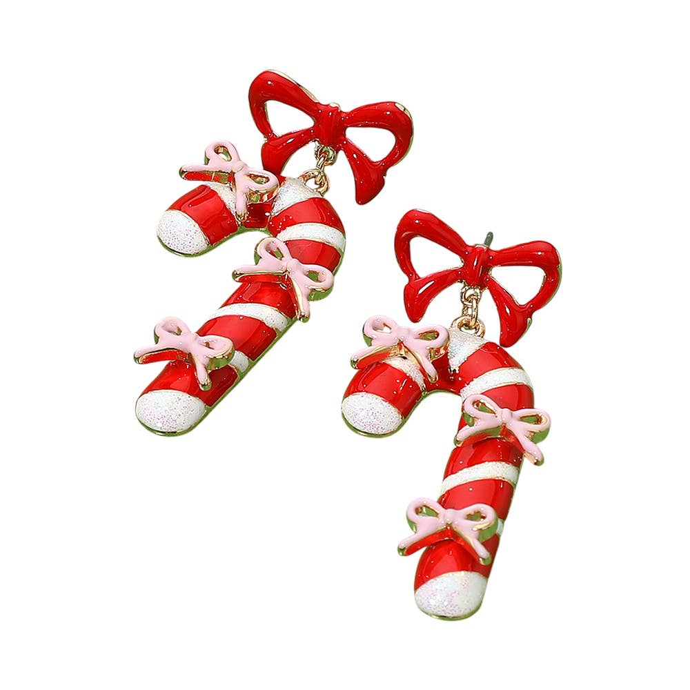 Enamel Bow Candy Cane Dangle Earrings