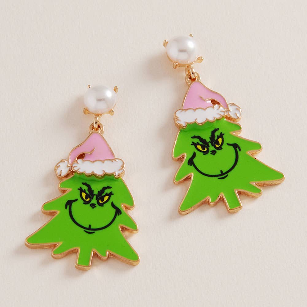 Grinch Green Monster Santa Christmas Tree Dangle Earrings