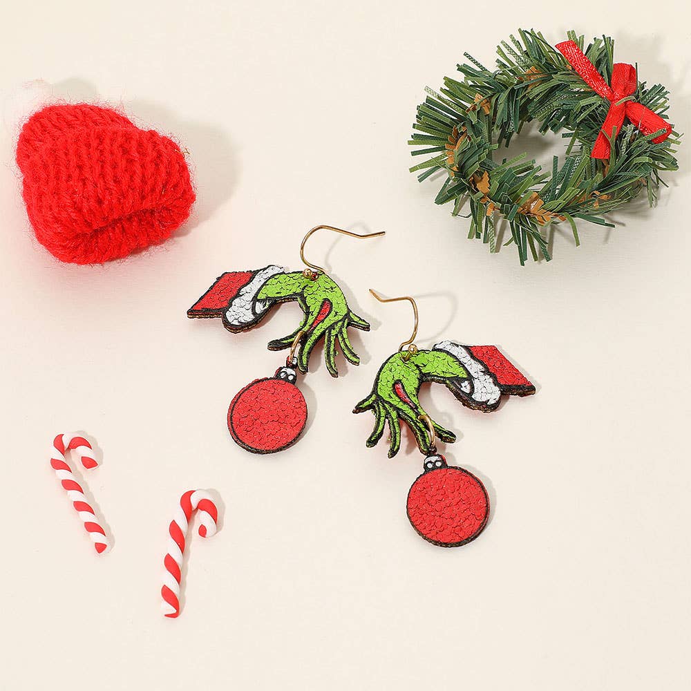 Holiday Grinch Green Monster Hand Ornament Dangle Earrings