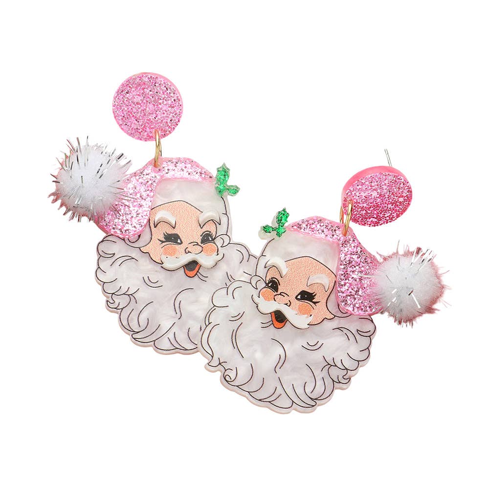 Glittered Resin Pom Santa Dangle Earrings