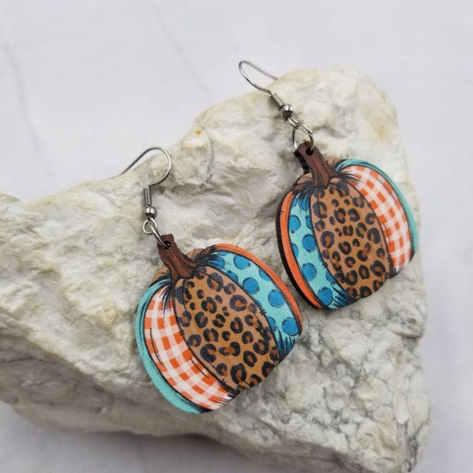 Wooden Leopard Pumpkin Fall Earrings