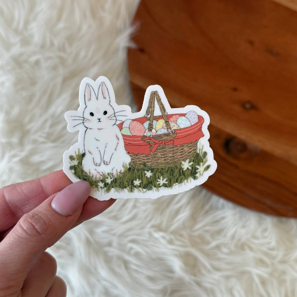 Cute White Bunny With Easter Egg Basket Sticker
