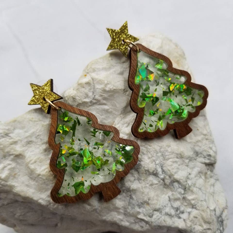 Glitter Acrylic and Wooden Christmas Tree Earrings