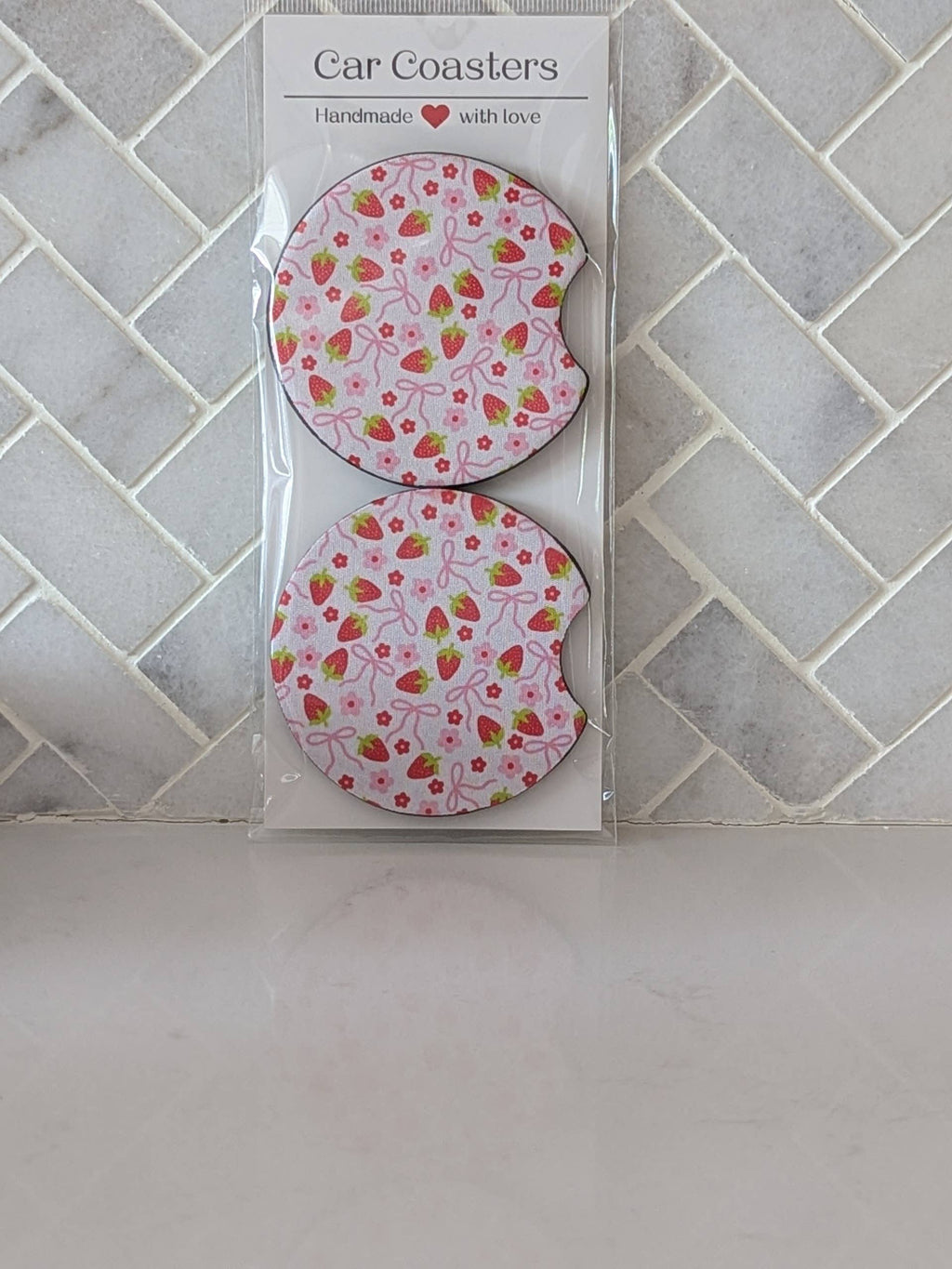 Strawberry Coquette Bow Car Coasters