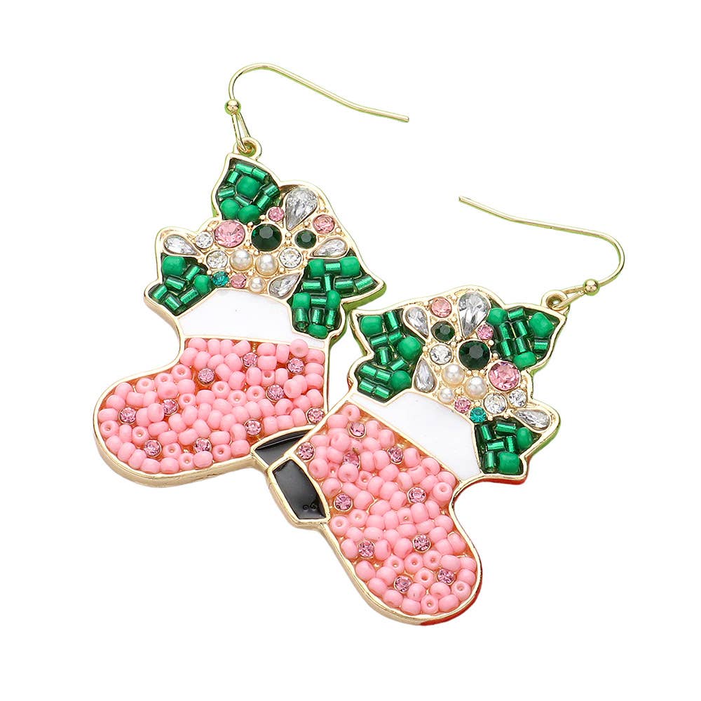 Pearl Stone Seed Beads Embellished Christmas Boots Dangle Earrings
