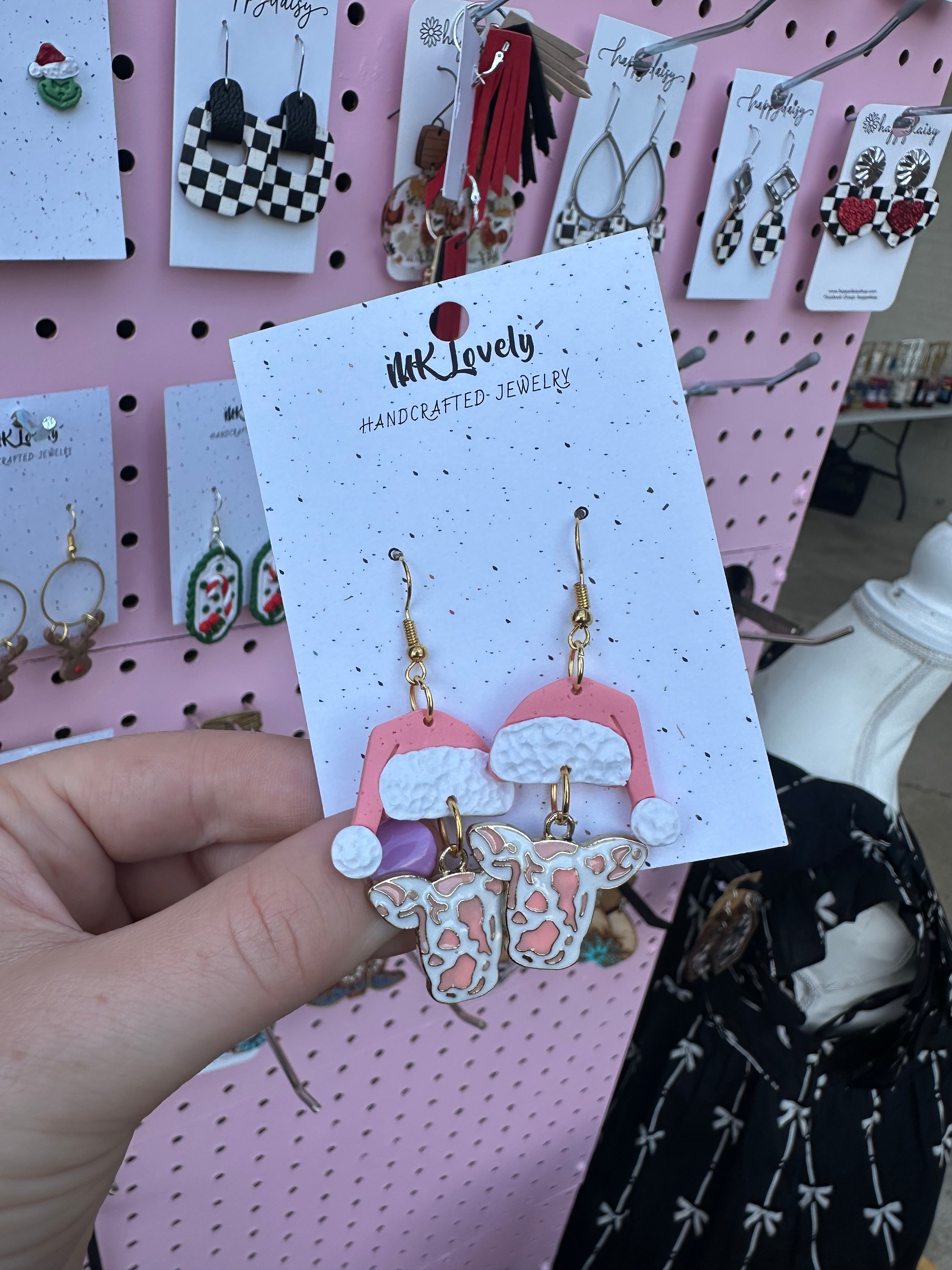 Pink Christmas Cow Earrings