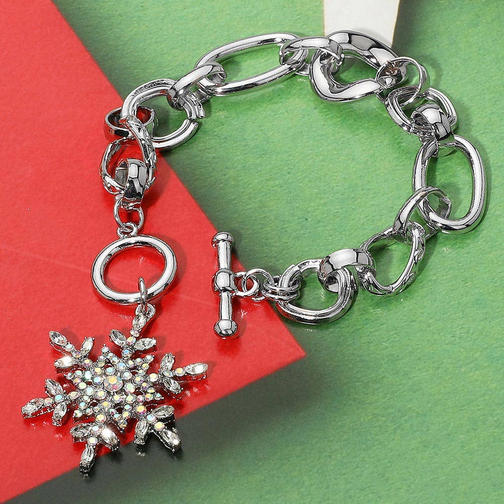 Rhinestone Embellished Snowflake Charm Toggle Bracelet