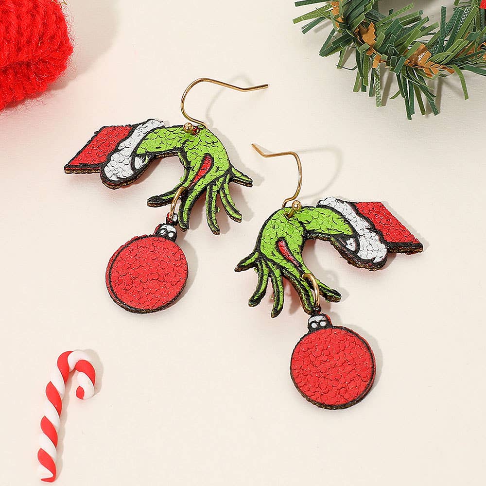 Holiday Grinch Green Monster Hand Ornament Dangle Earrings