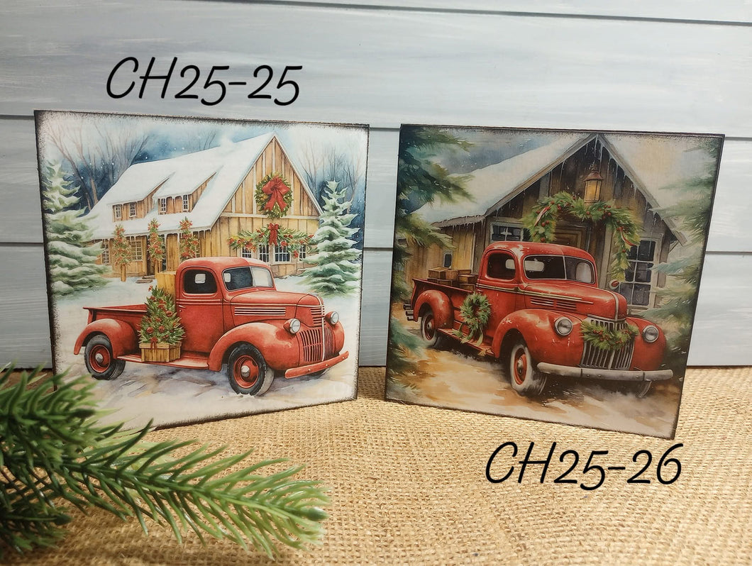 Christmas Wood Block Sign - Red Truck A