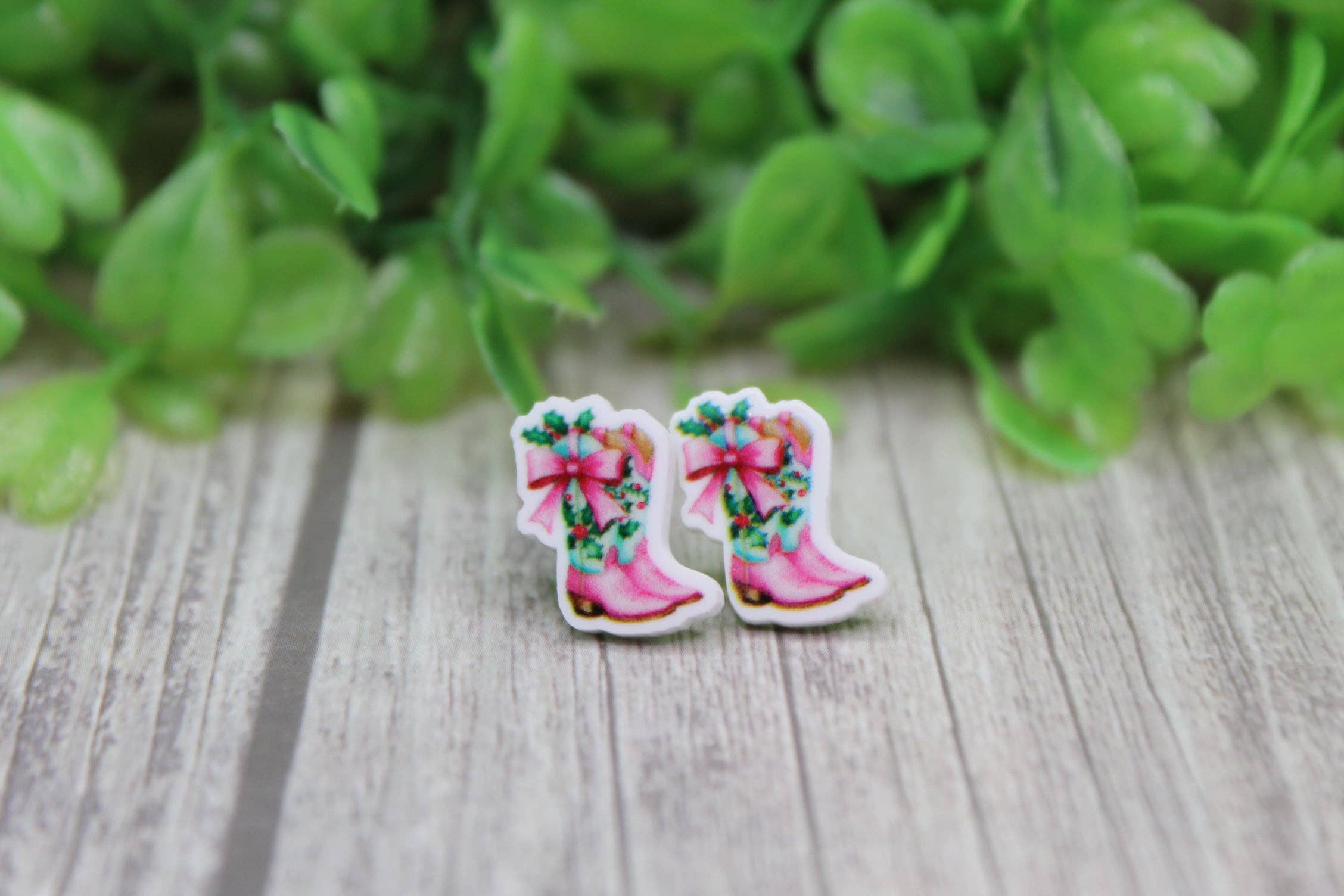 Pink and Green Western Poinsettia Boots Stud Earrings