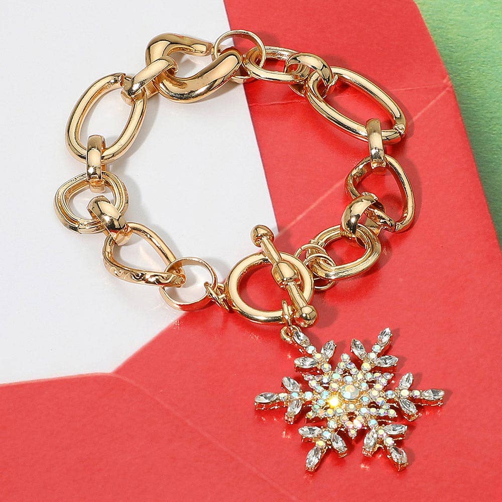 Rhinestone Embellished Snowflake Charm Toggle Bracelet