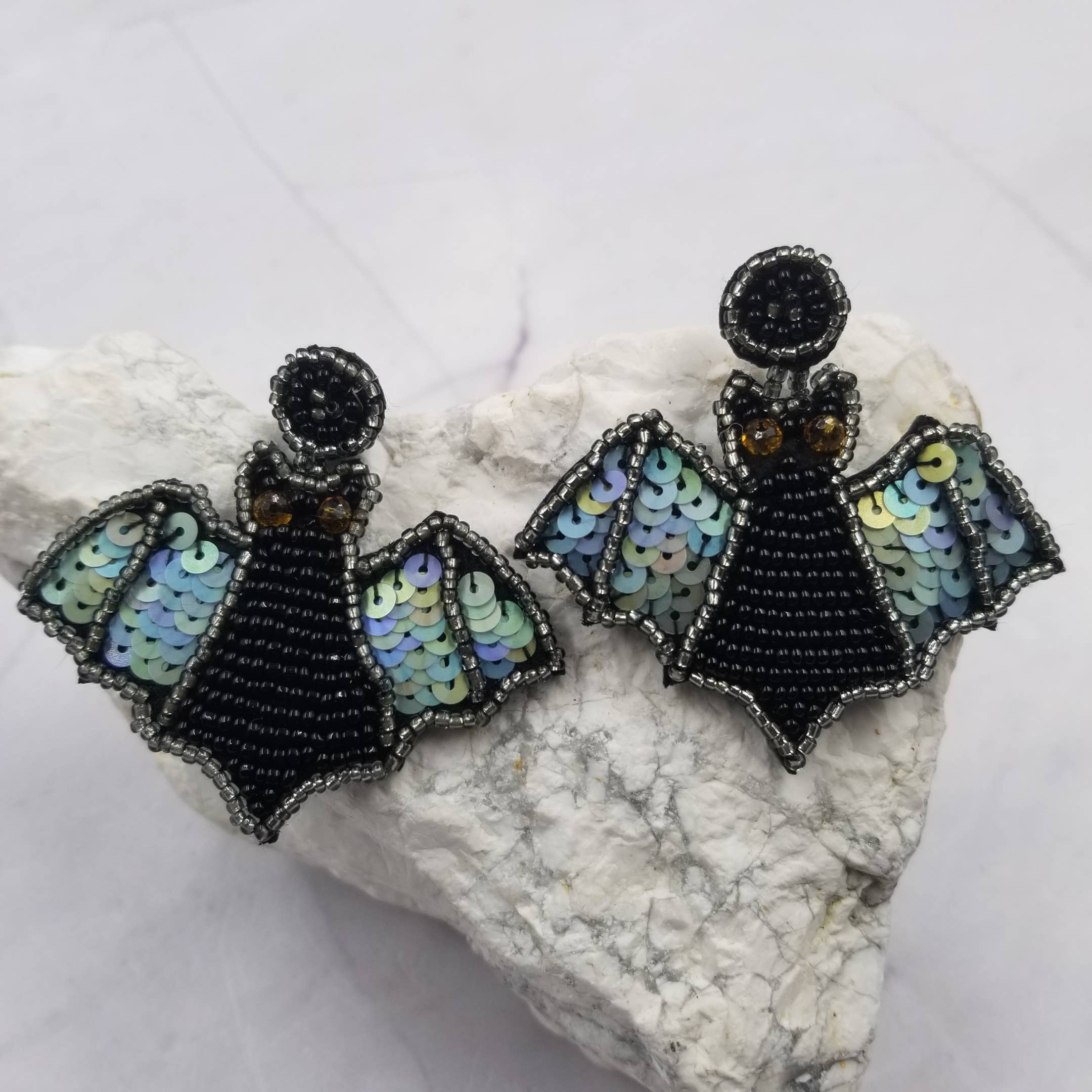 Sequin Beaded Bat Earrings