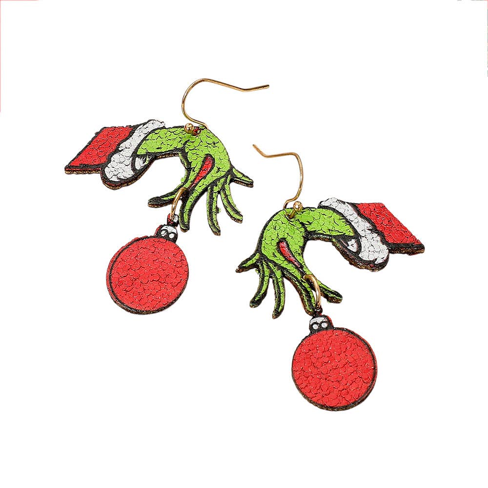 Holiday Grinch Green Monster Hand Ornament Dangle Earrings