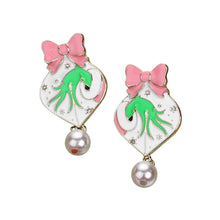 Load image into Gallery viewer, Pearl Dangle Enamel Christmas Grinch Hand Earrings
