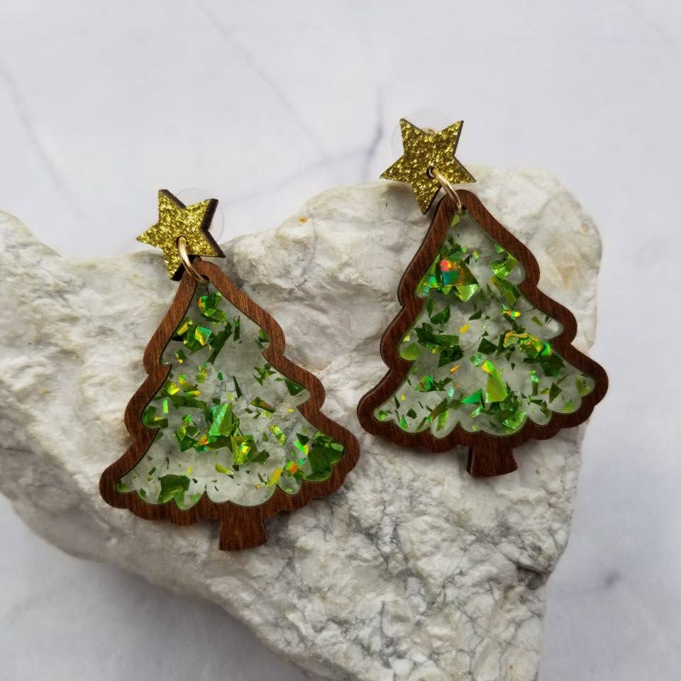 Glitter Acrylic and Wooden Christmas Tree Earrings