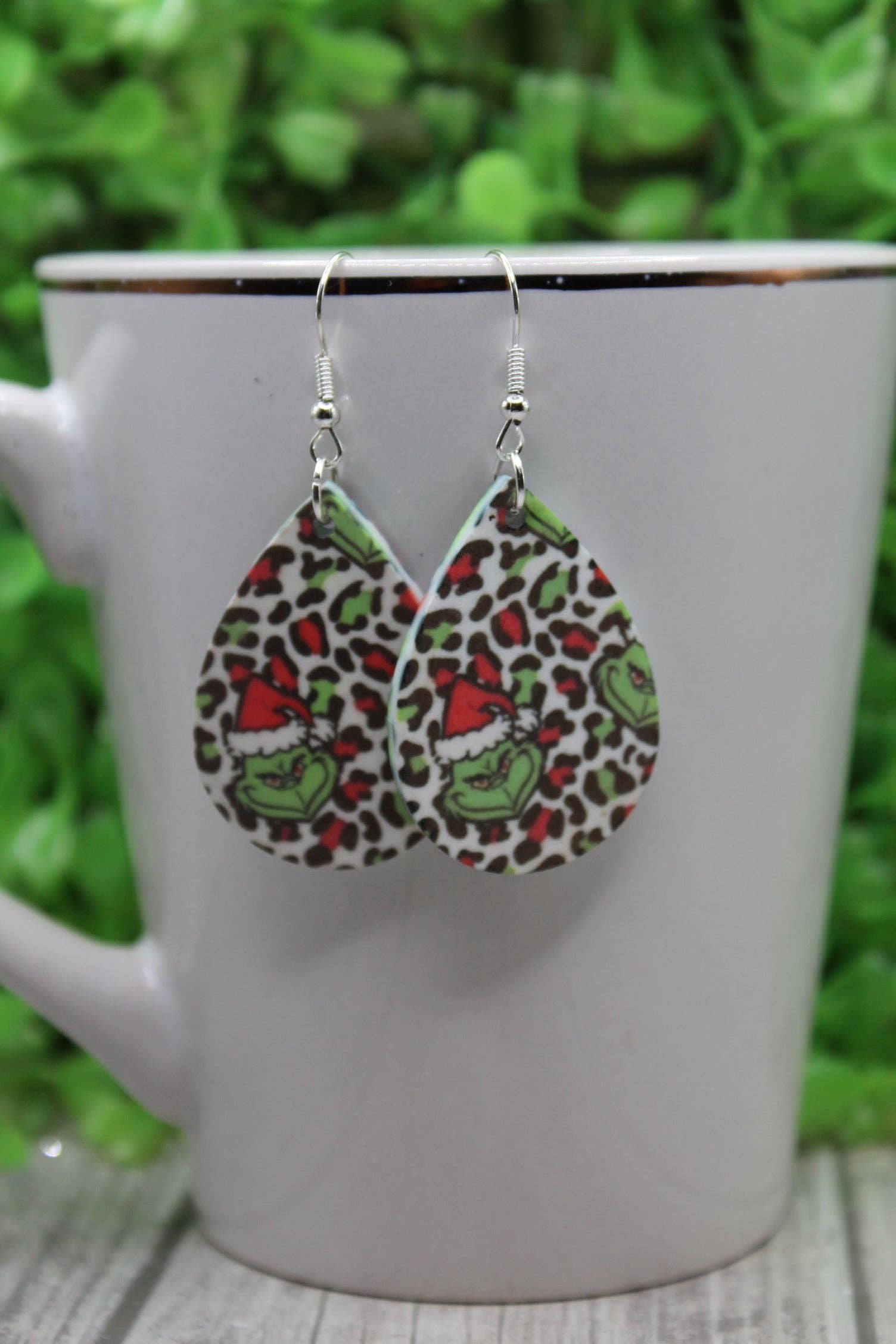 Red and Green Leopard GrinchTeardrop Earrings
