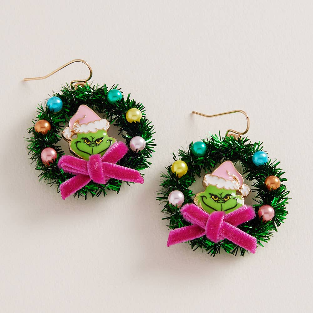 Holiday Grinch Green Monster Wreath Dangle Earrings